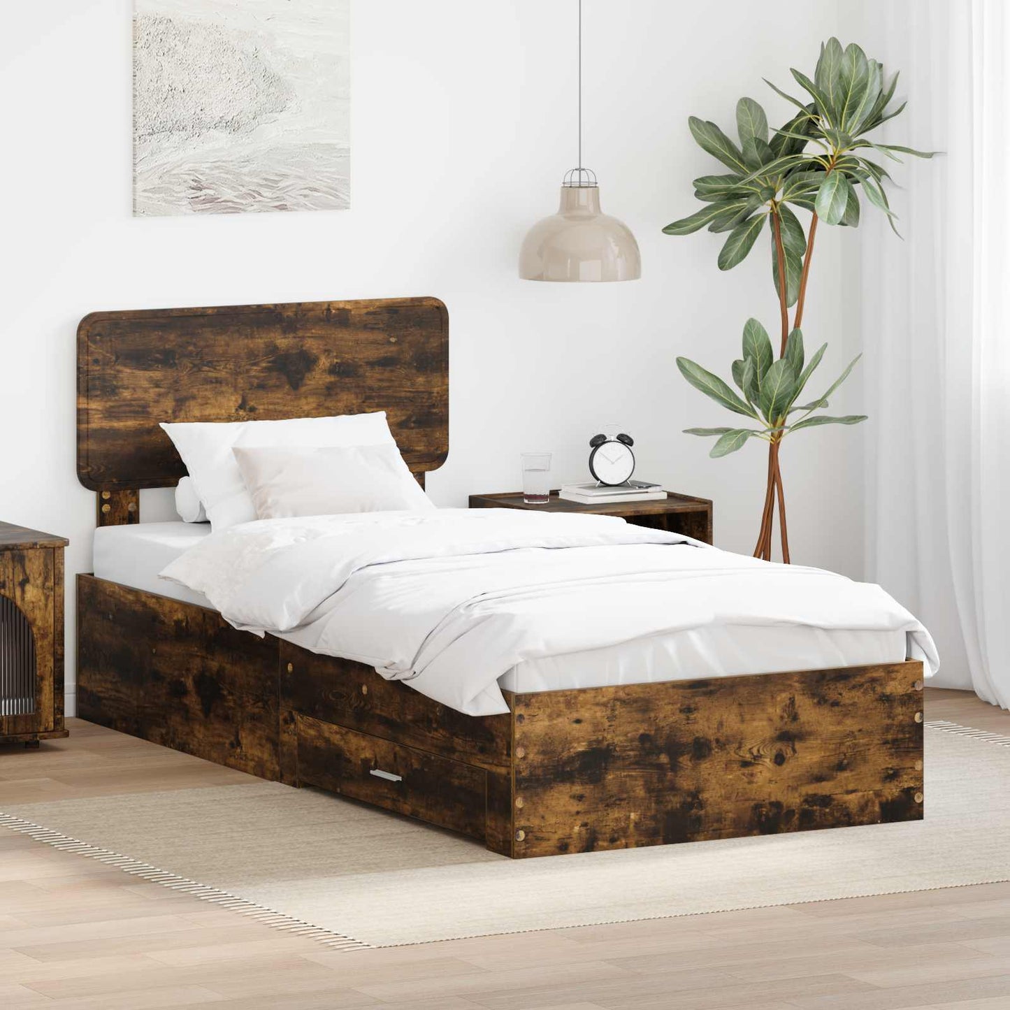 vidaXL Bed Frame with Drawer Smoked Oak 100 x 200 cm Engineered Wood