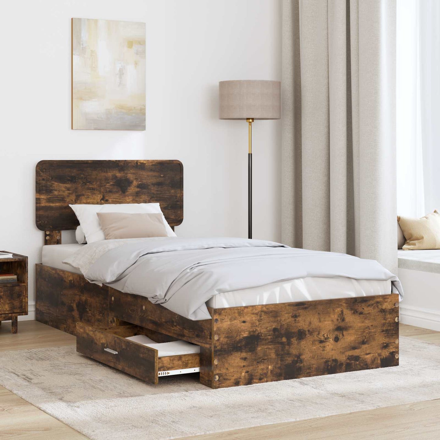 vidaXL Bed Frame with Drawer Smoked Oak 100 x 200 cm Engineered Wood