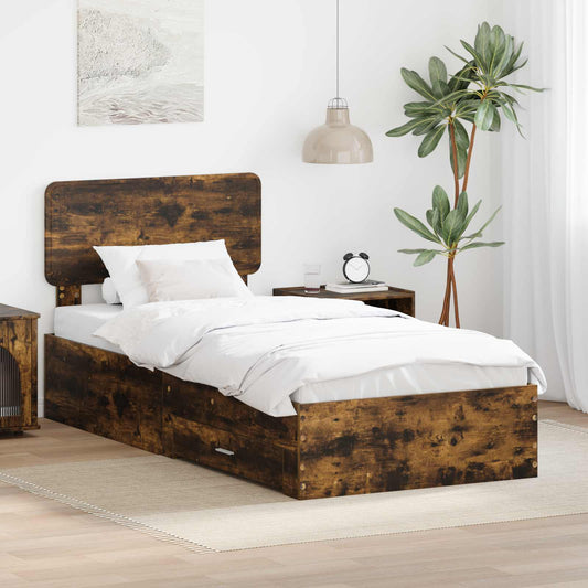 vidaXL Bed Frame with Headboard Smoked Oak 90 x 200 cm Engineered Wood