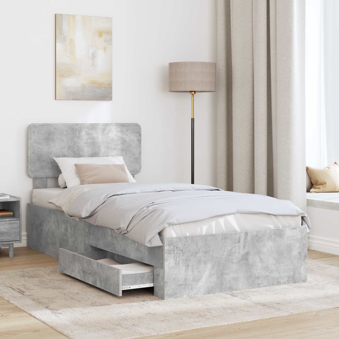 vidaXL Bed Frame with Drawer Concrete Grey 90 x 190 cm Engineered Wood