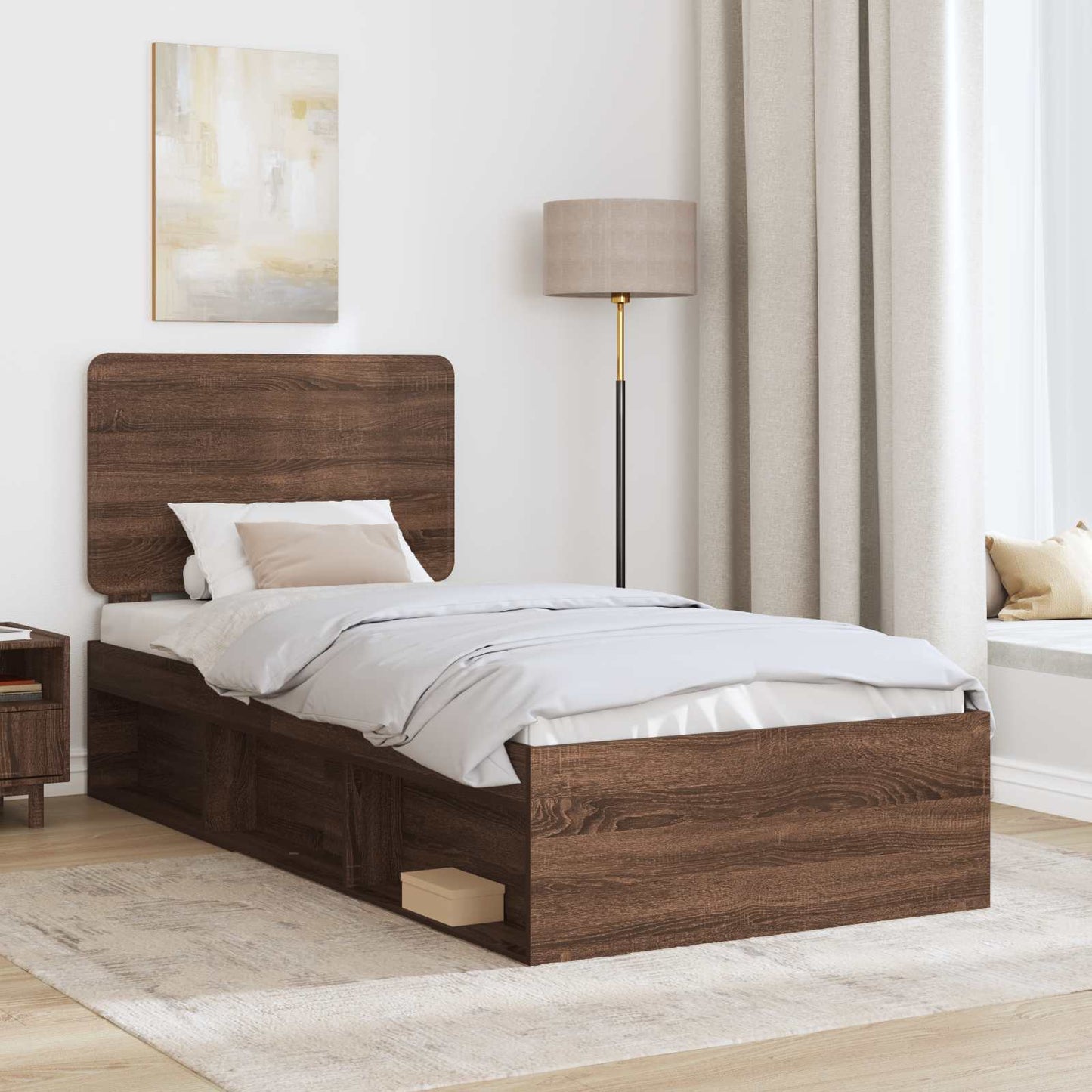 vidaXL Bed Frame with Headboard Brown Oak 90 x 190 cm Solid Pine Wood