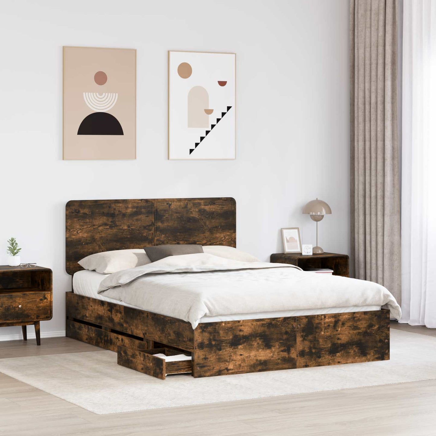 vidaXL Bed Frame with Drawer Smoked Oak 150 x 200 cm Engineer Wood