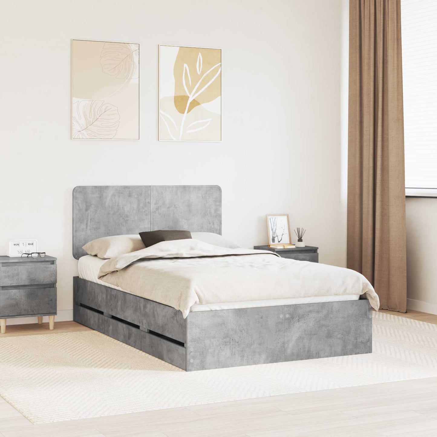 vidaXL Bed Frame with Drawer Concrete Grey 135 x 190 cm Engineer Wood