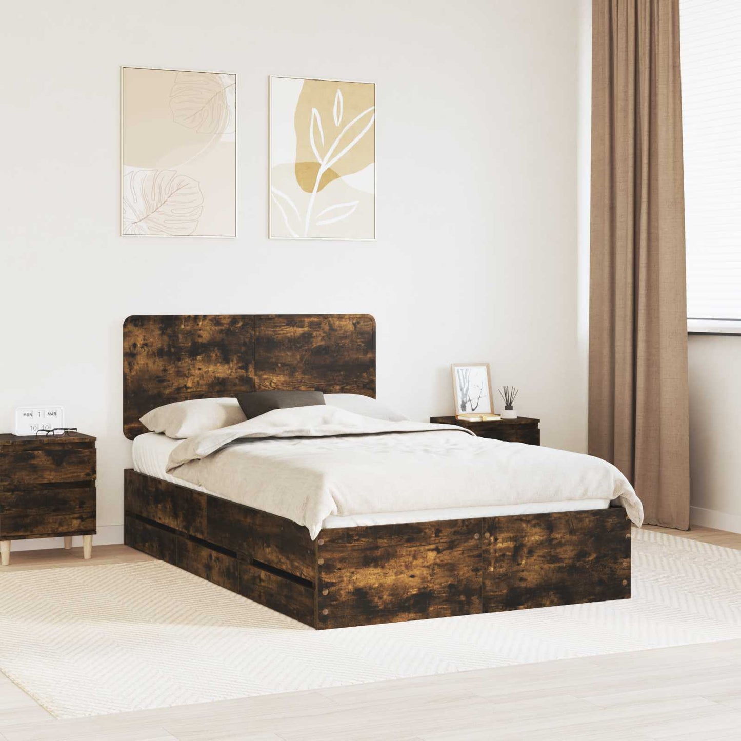 vidaXL Bed Frame with Drawer Smoked Oak 120 x 200 cm Engineer Wood