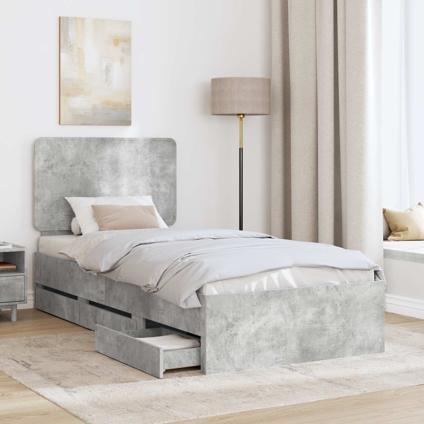 vidaXL Bed Frame with Drawer Concrete Grey 90 x 200 cm Engineer Wood