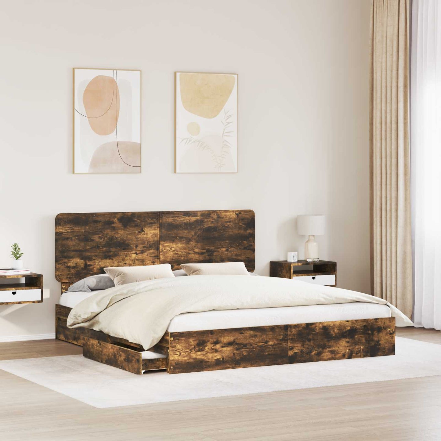 vidaXL Storage Bed with Drawer Smoked Oak 180 x 200 cm Engineered Wood