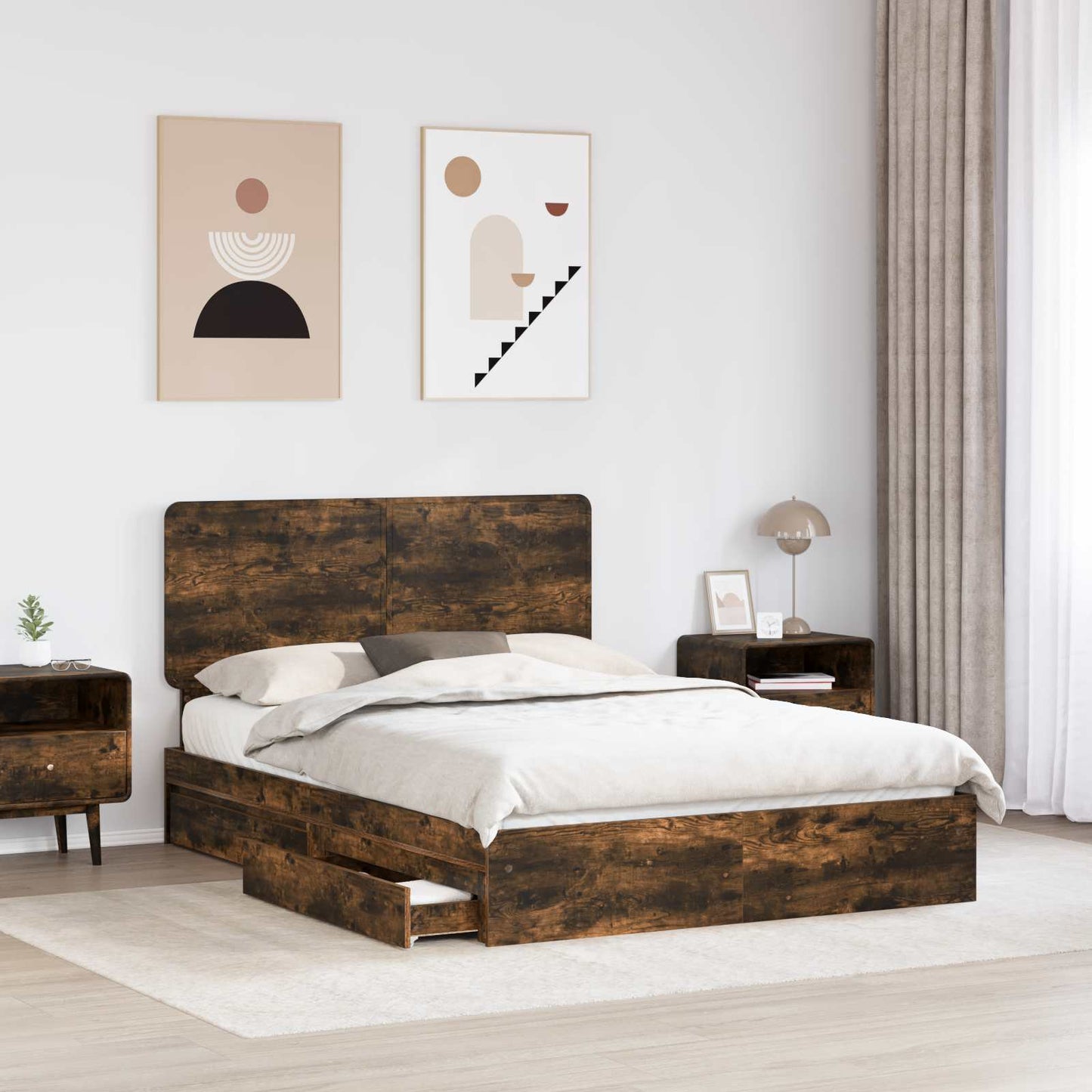 vidaXL Storage Bed with Drawer Smoked Oak 160 x 200 cm Engineered Wood