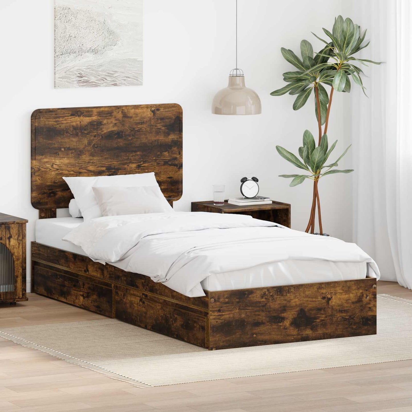vidaXL Storage Bed with Drawer Smoked Oak 100 x 200 cm Engineered Wood