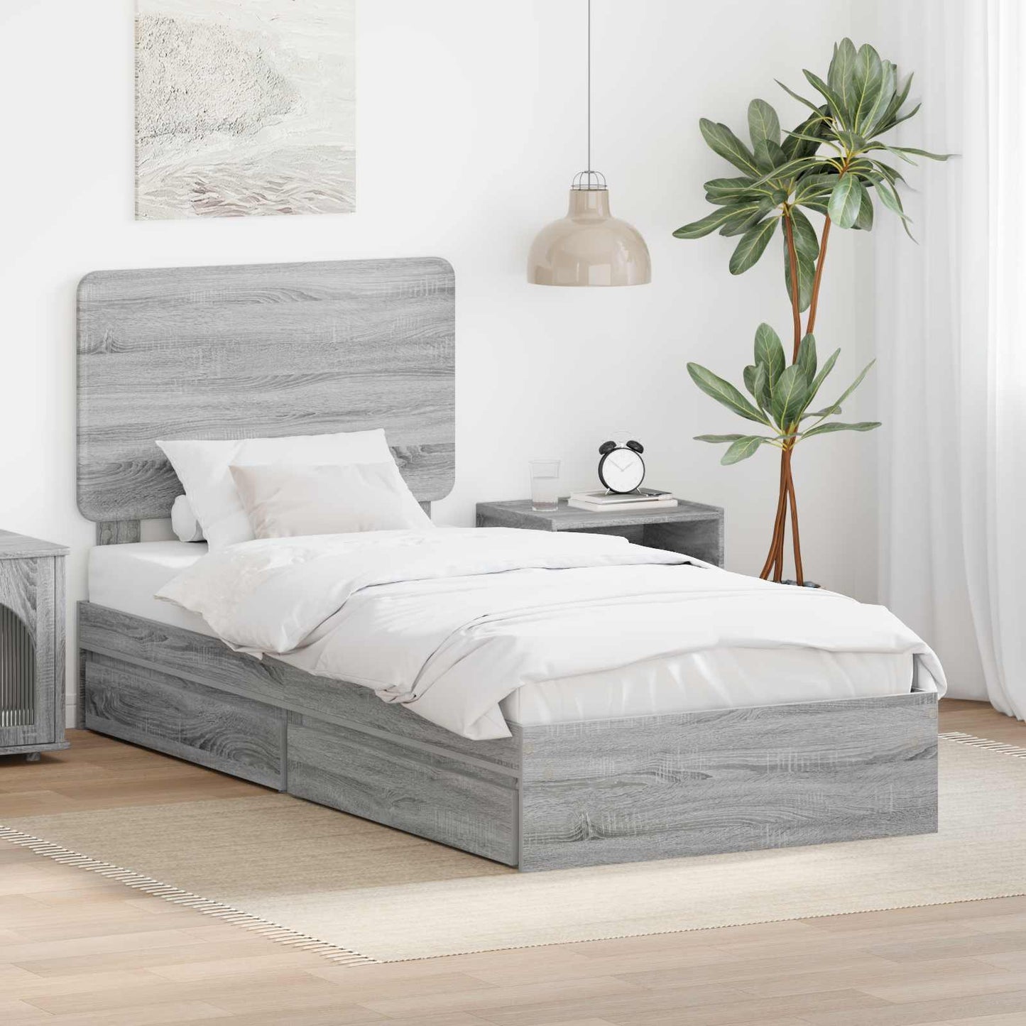 vidaXL Storage Bed with Drawer Grey Sonoma 90 x 190 cm Engineered Wood