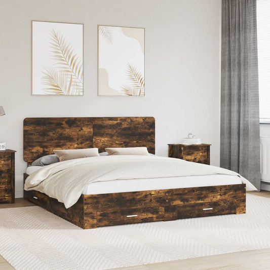 vidaXL Bed Frame with Drawer Smoked Oak 200 x 200 cm Engineered Wood