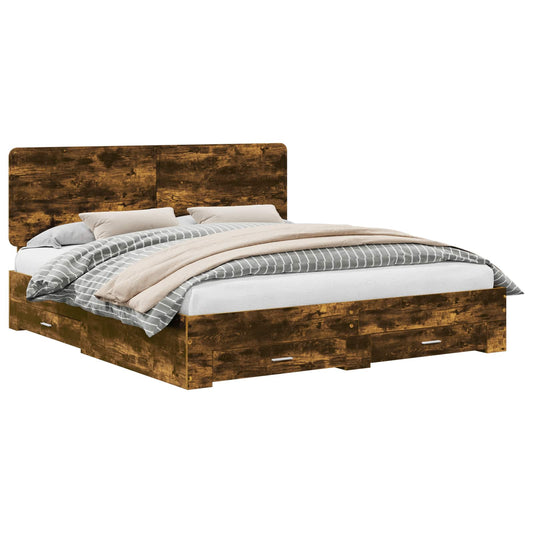 vidaXL Bed Frame with Drawer Smoked Oak 200 x 200 cm Engineered Wood