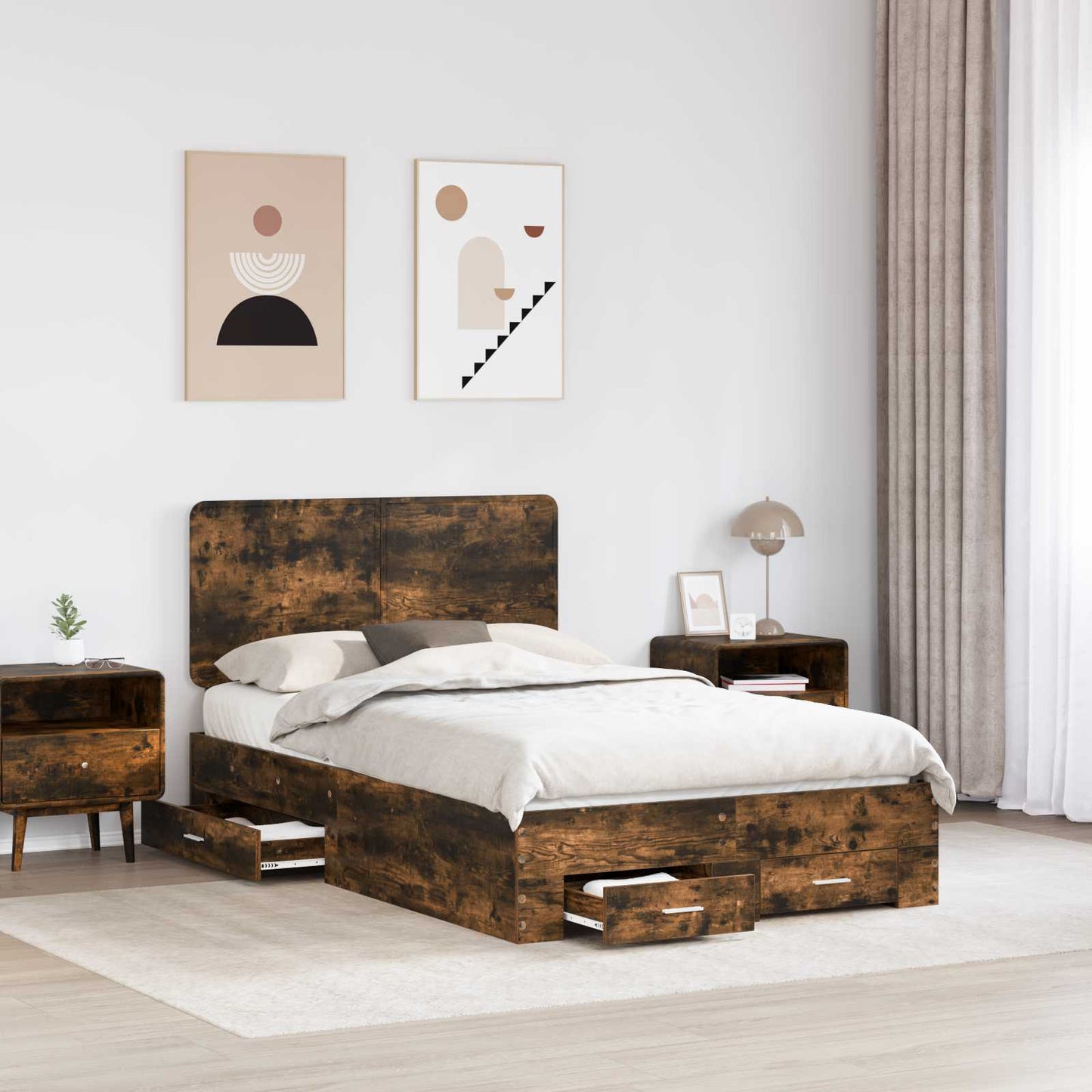 vidaXL Bed Frame with Drawer Smoked Oak 120 x 200 cm Engineered Wood