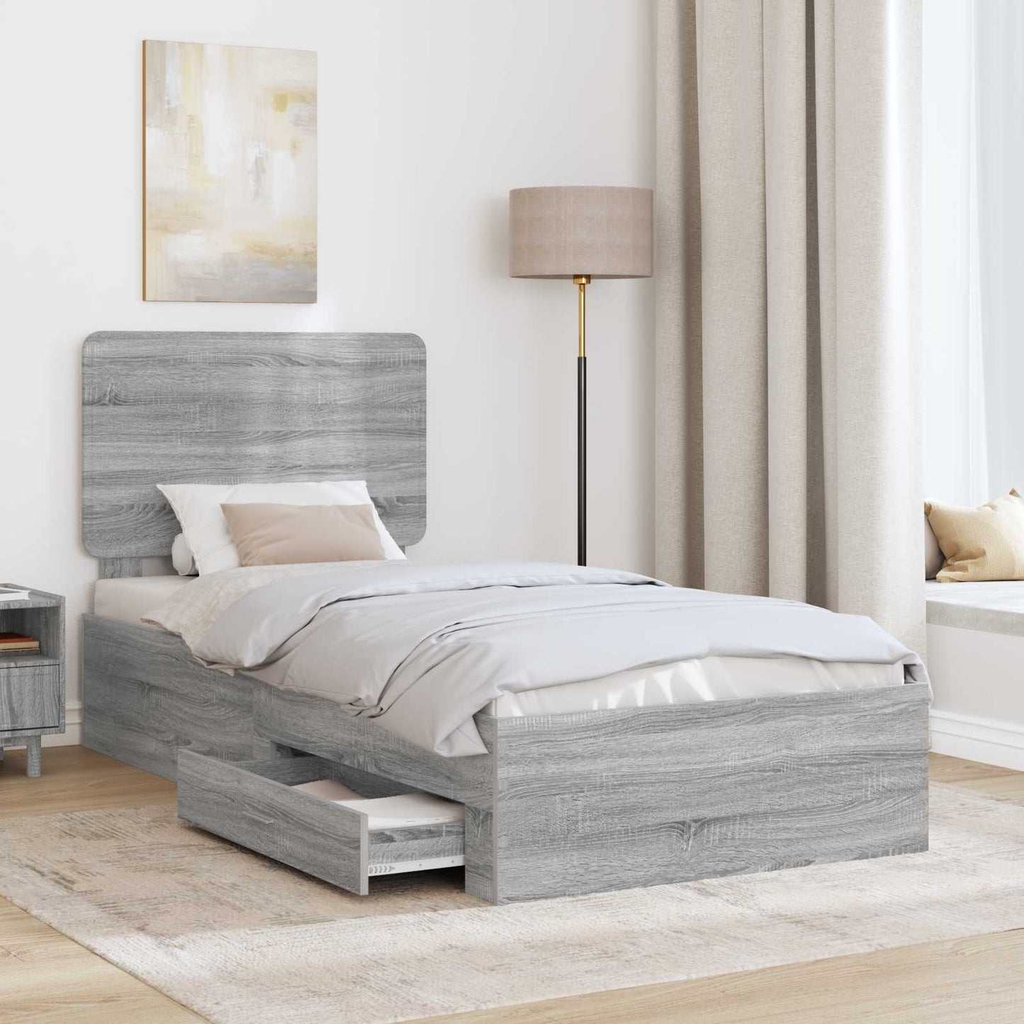 vidaXL Bed Frame with Drawer Grey Sonoma 90 x 190 cm Engineered Wood