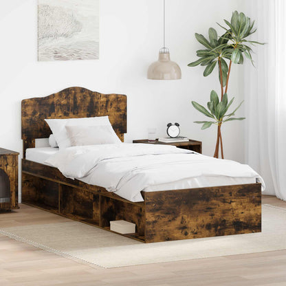 vidaXL Bed Frame with Headboard Smoked Oak 90 x 200 cm Solid Pine Wood