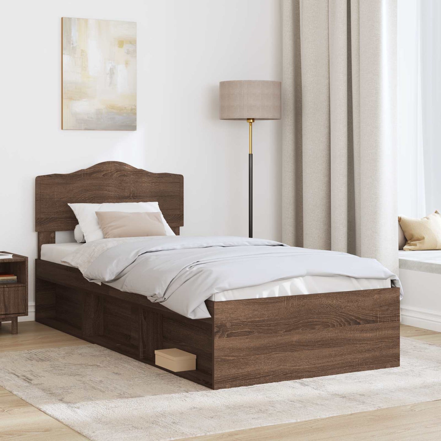vidaXL Bed Frame with Headboard Brown Oak 90 x 200 cm Solid Pine Wood