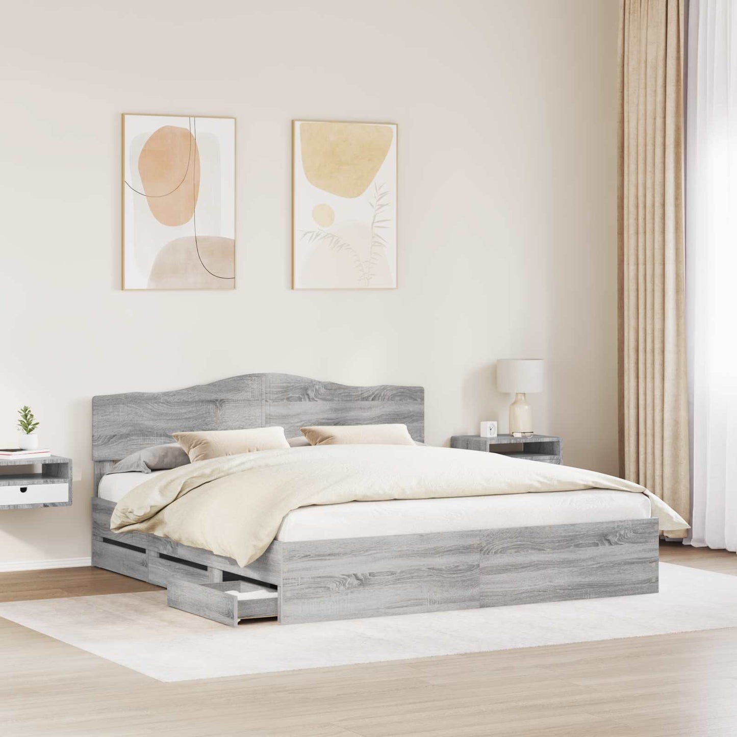 vidaXL Bed Frame with Drawer Grey Sonoma 200 x 200 cm Engineer Wood