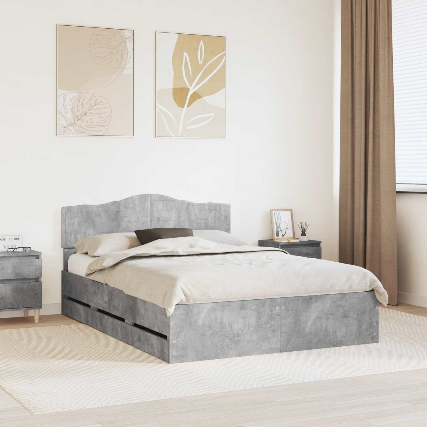 vidaXL Bed Frame with Drawer Concrete Grey 140 x 200 cm Engineer Wood