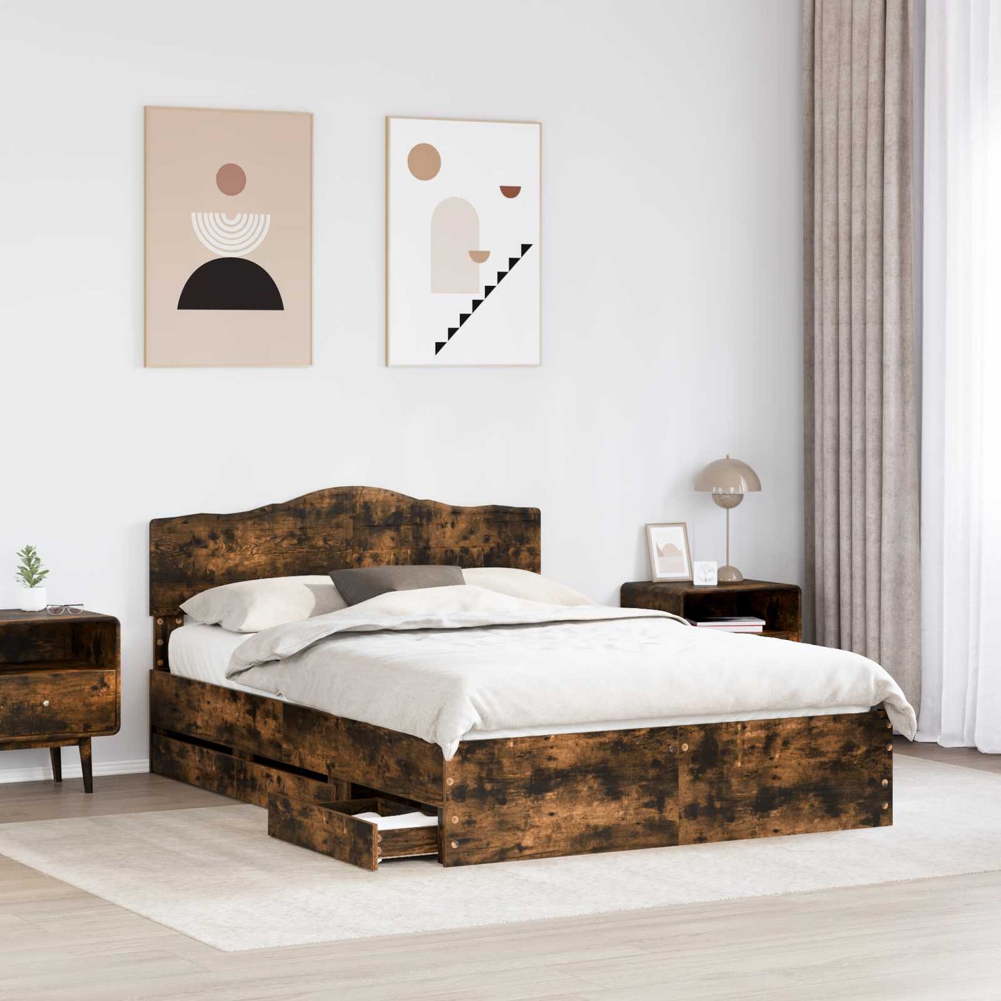 vidaXL Bed Frame with Drawer Smoked Oak 140 x 200 cm Engineer Wood