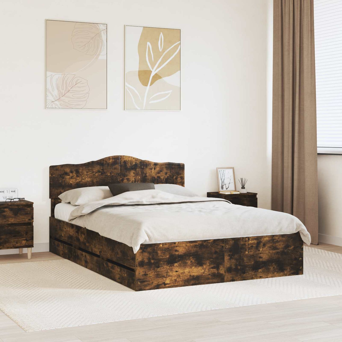 vidaXL Bed Frame with Drawer Smoked Oak 140 x 190 cm Engineer Wood