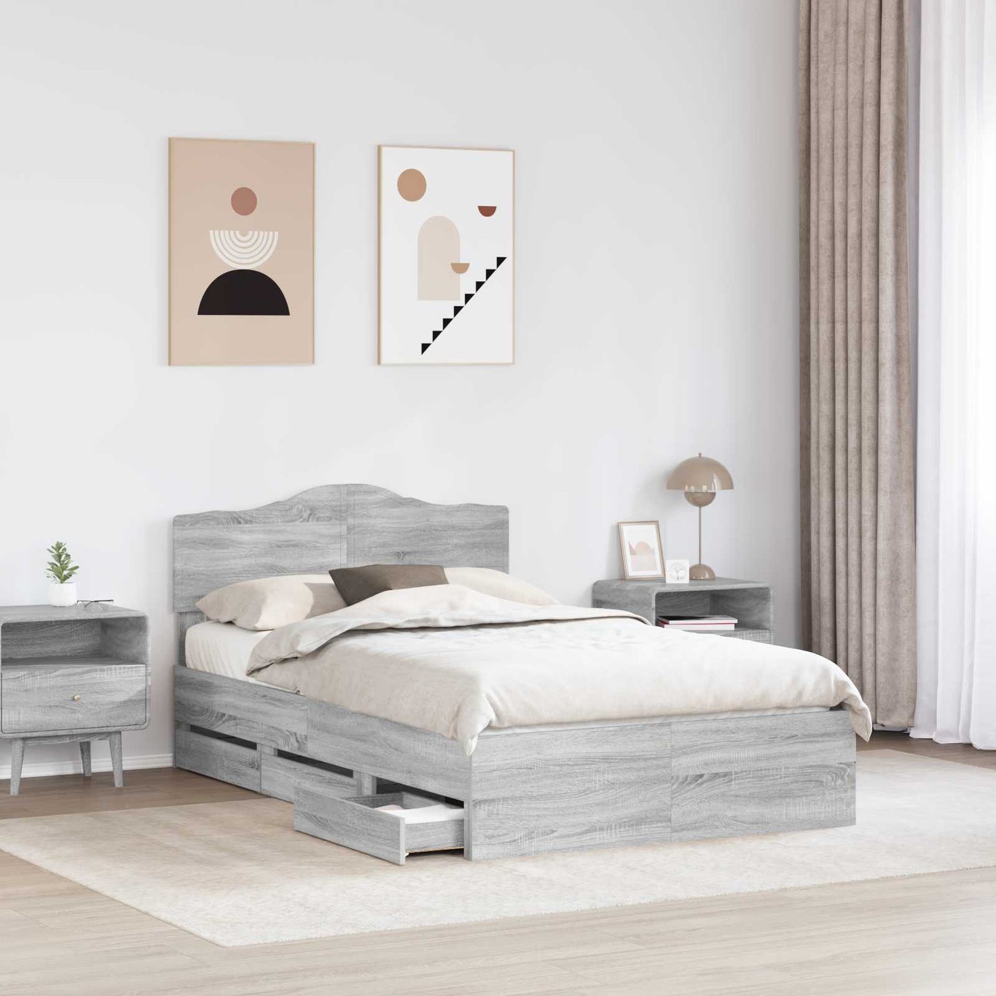 vidaXL Bed Frame with Drawer Grey Sonoma 120 x 190 cm Engineer Wood
