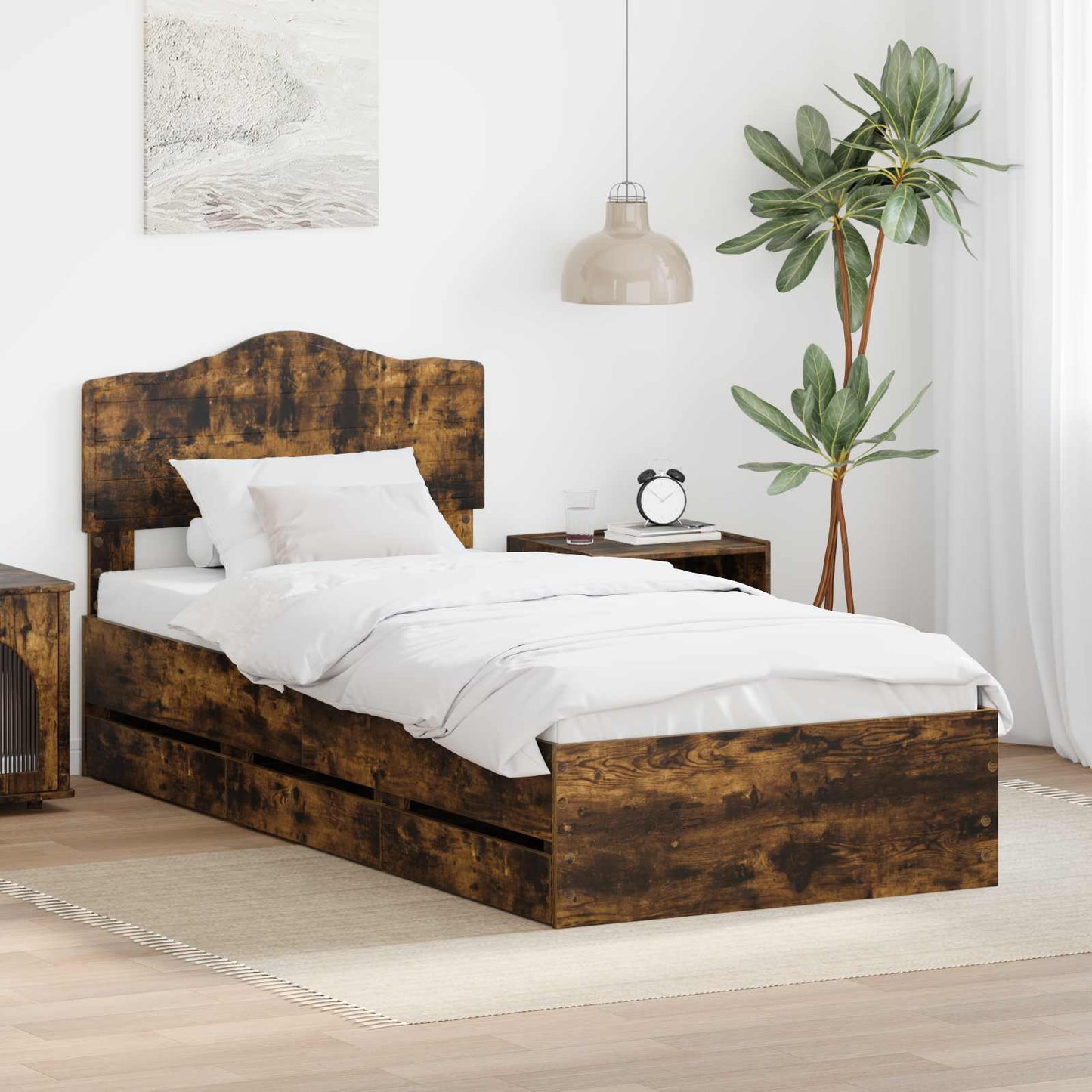 vidaXL Bed Frame with Drawer Smoked Oak 90 x 200 cm Engineer Wood