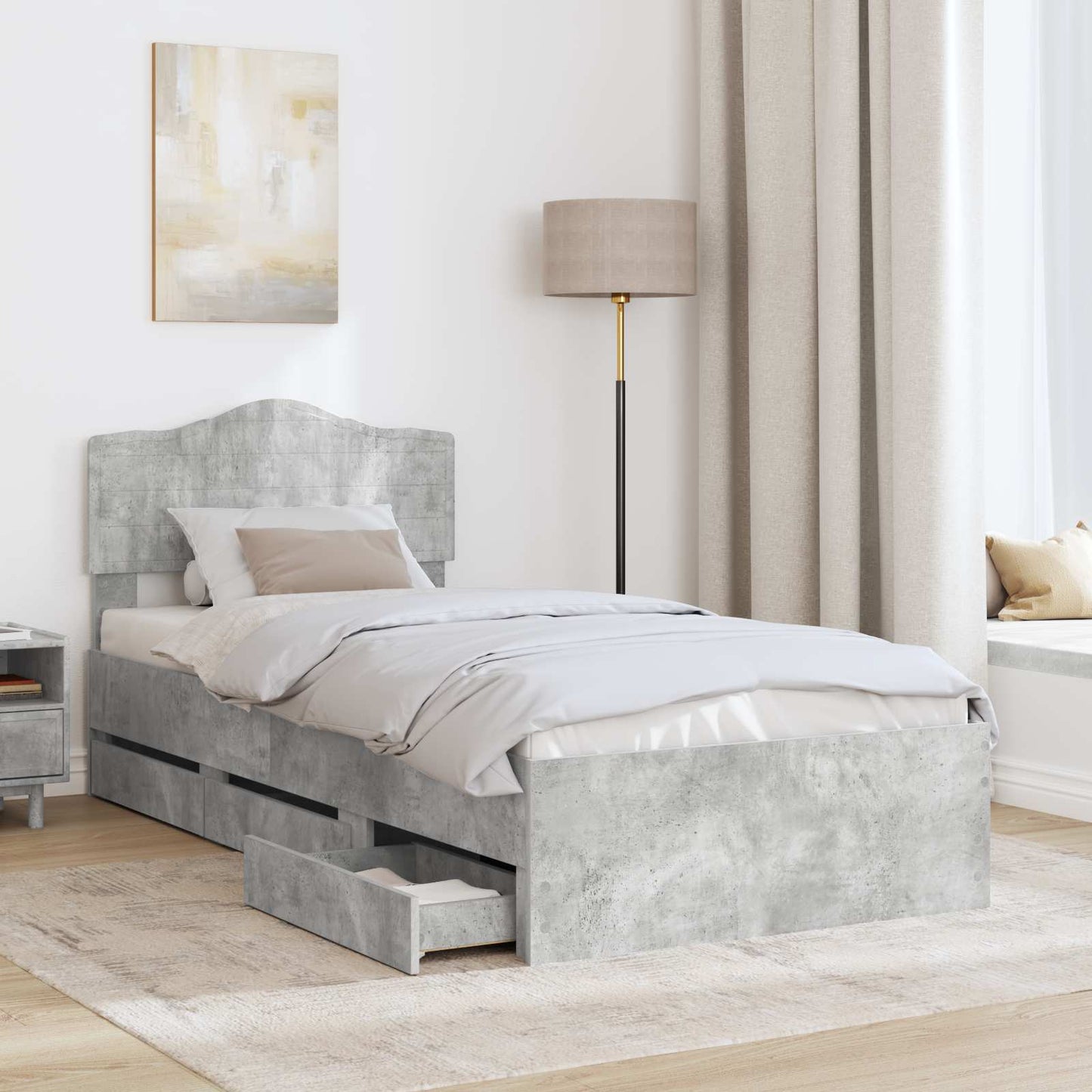 vidaXL Bed Frame with Drawer Concrete Grey 90 x 190 cm Engineer Wood