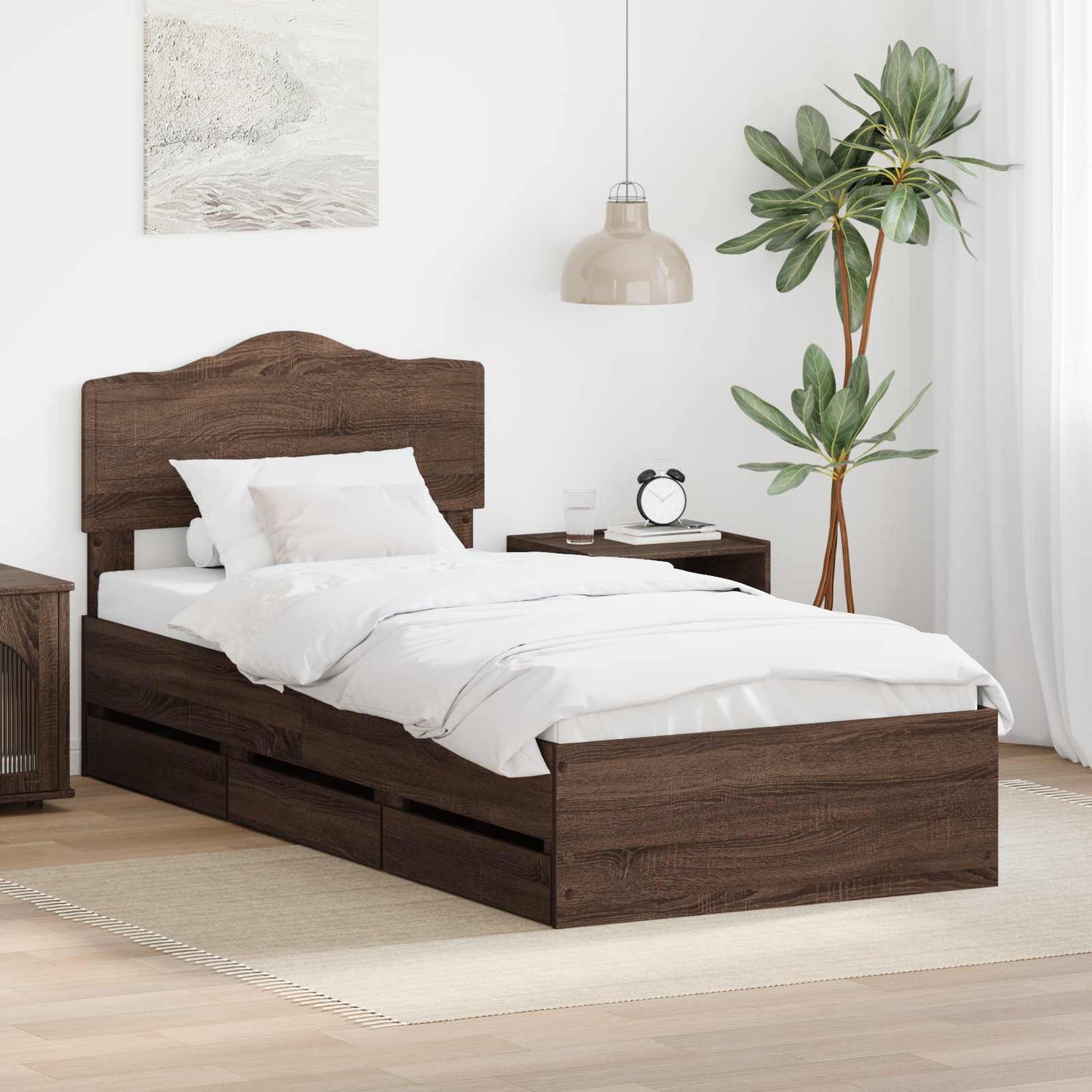 vidaXL Bed Frame with Drawer Brown Oak 75 x 190 cm Engineer Wood