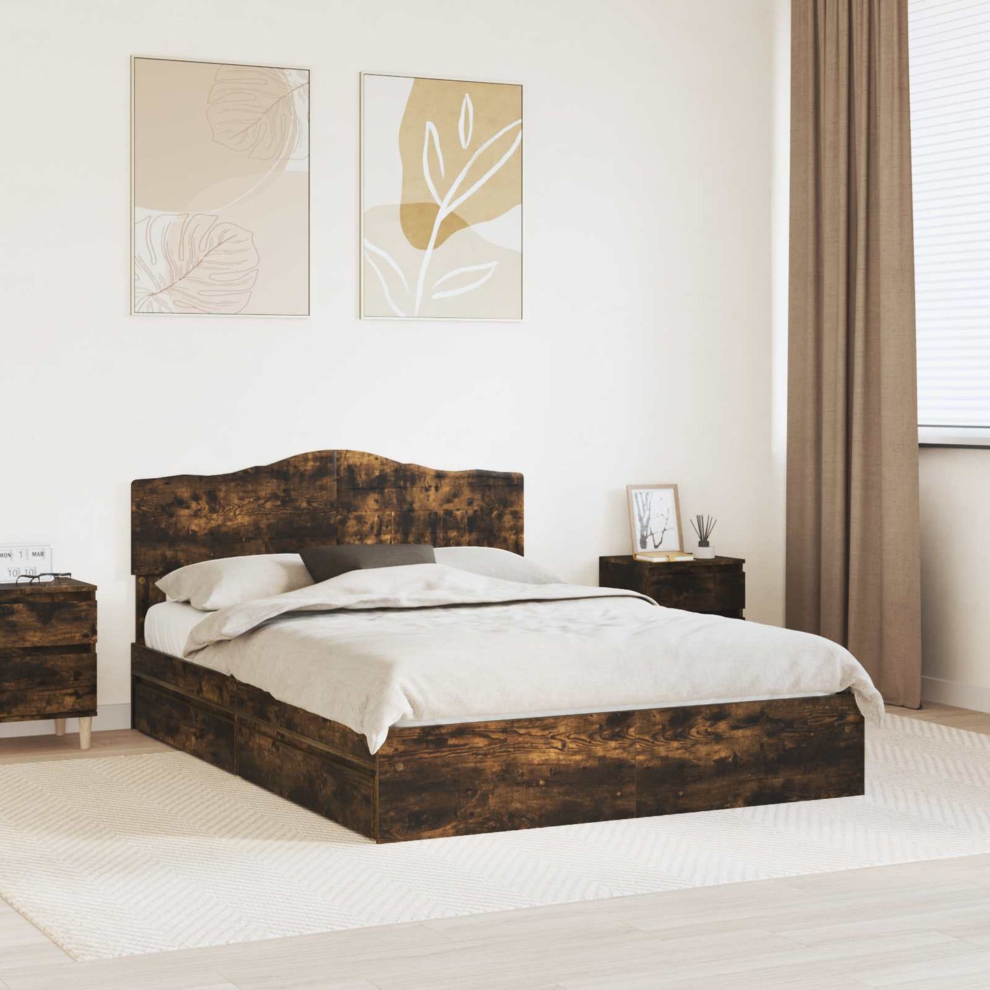 vidaXL Storage Bed with Drawer Smoked Oak 160 x 200 cm Engineered Wood