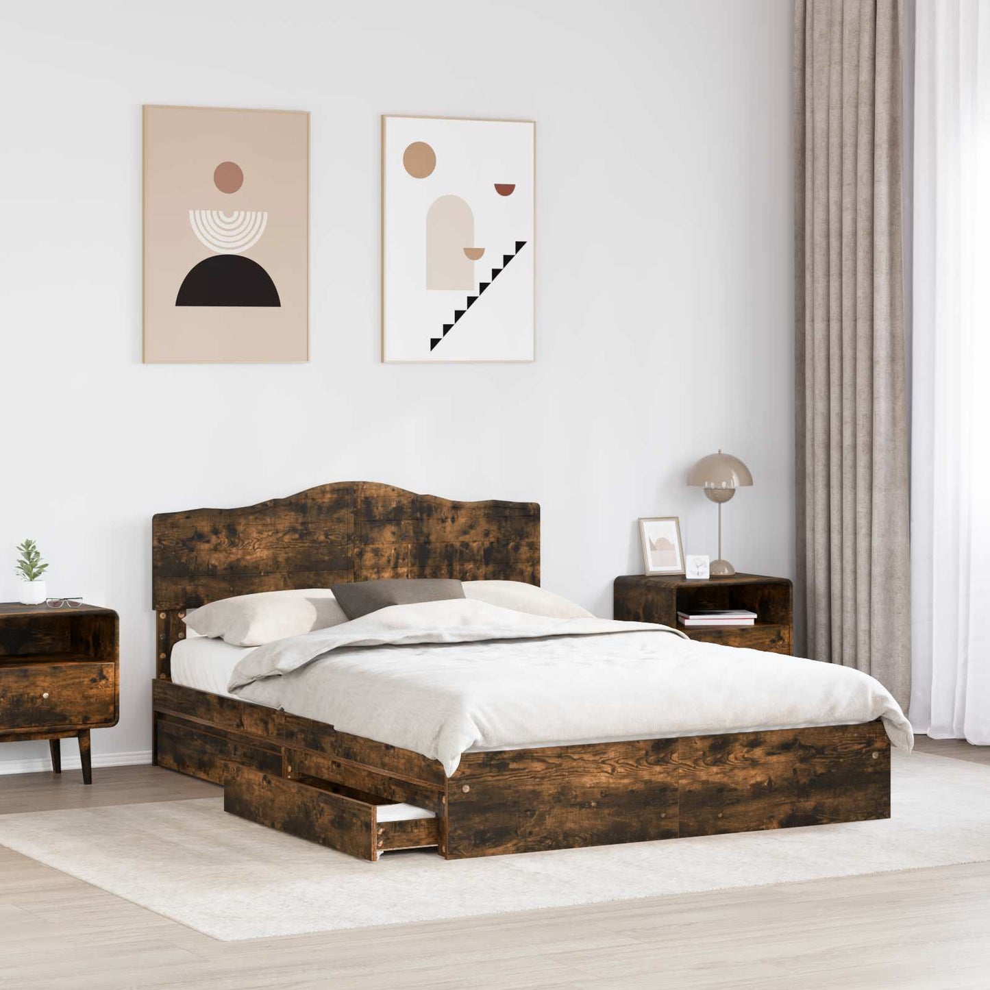 vidaXL Storage Bed with Drawer Smoked Oak 160 x 200 cm Engineered Wood
