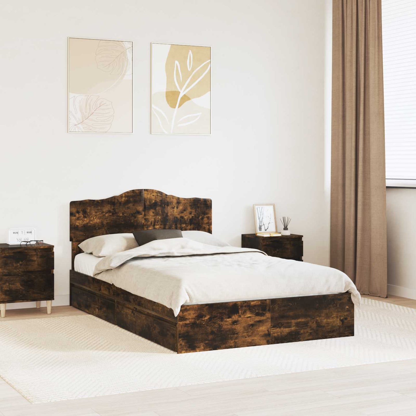 vidaXL Storage Bed with Drawer Smoked Oak 135 x 190 cm Engineered Wood