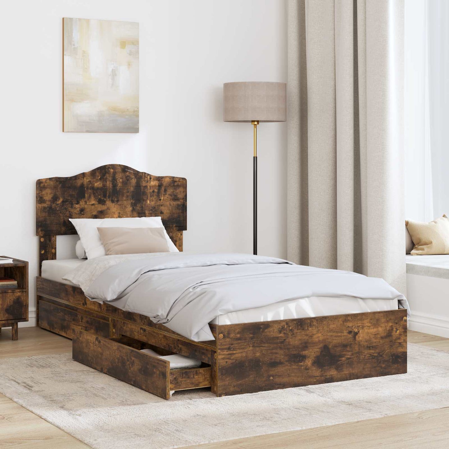 vidaXL Storage Bed with Drawer Smoked Oak 100 x 200 cm Engineered Wood