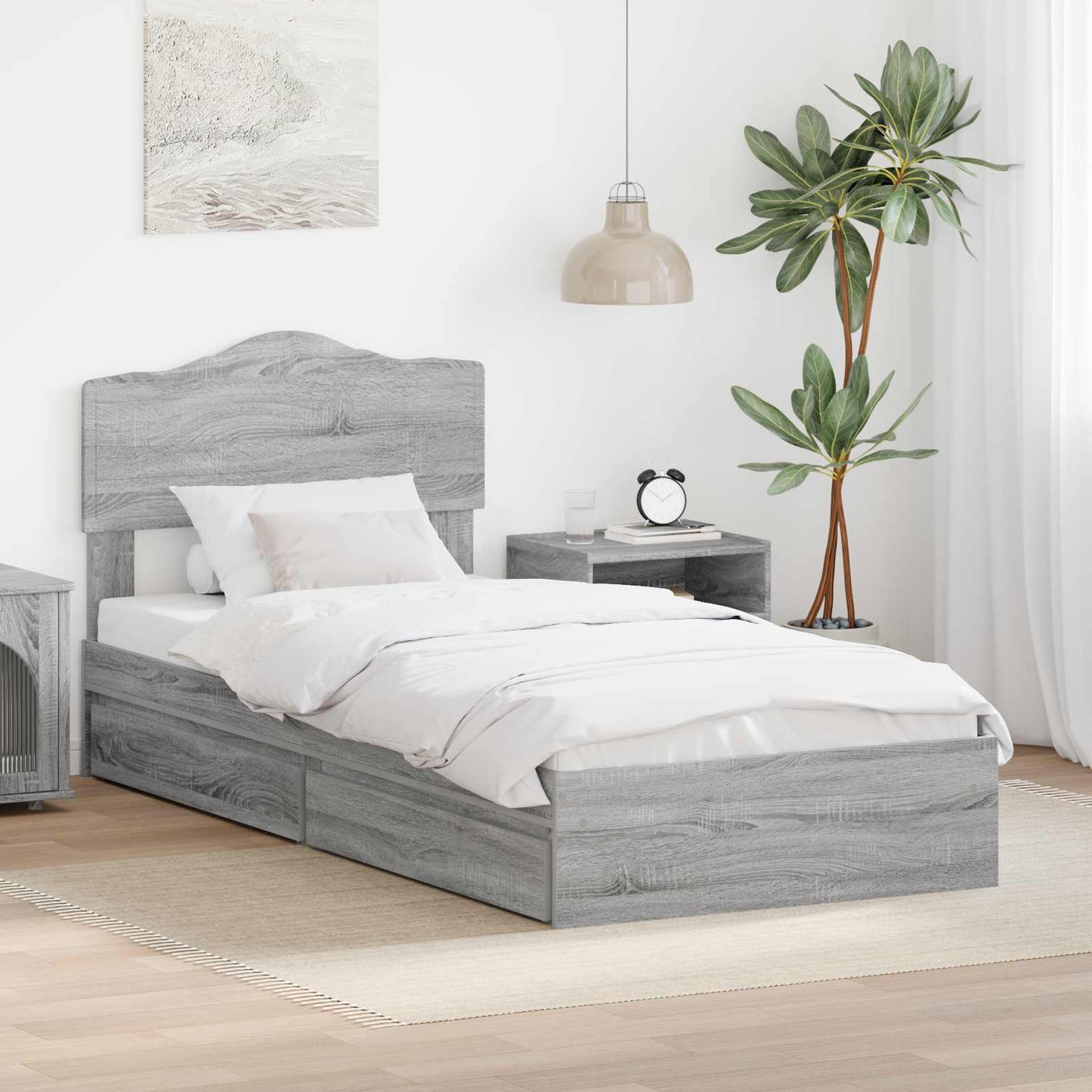 vidaXL Storage Bed with Drawer Grey Sonoma 90 x 200 cm Engineered Wood