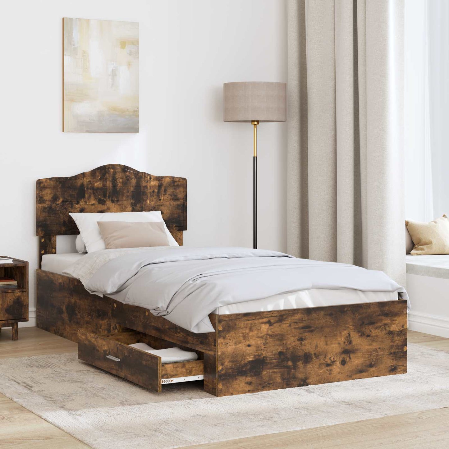 vidaXL Bed Frame with Headboard Smoked Oak 90 x 200 cm Engineered Wood