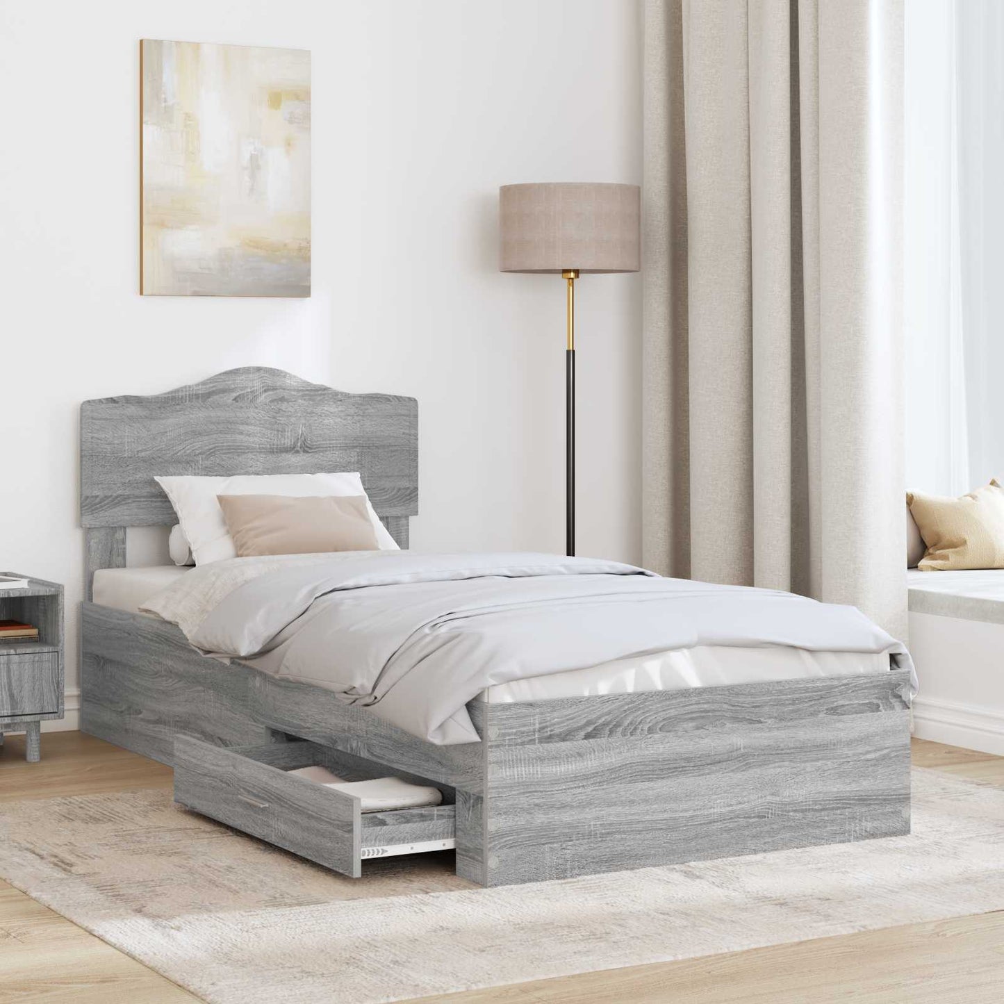 vidaXL Bed Frame with Drawer Grey Sonoma 90 x 200 cm Engineered Wood