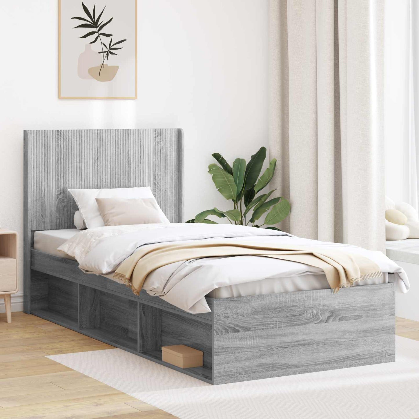 vidaXL Bed Frame with Storage and Headboard Grey Sonoma 100 x 200 cm