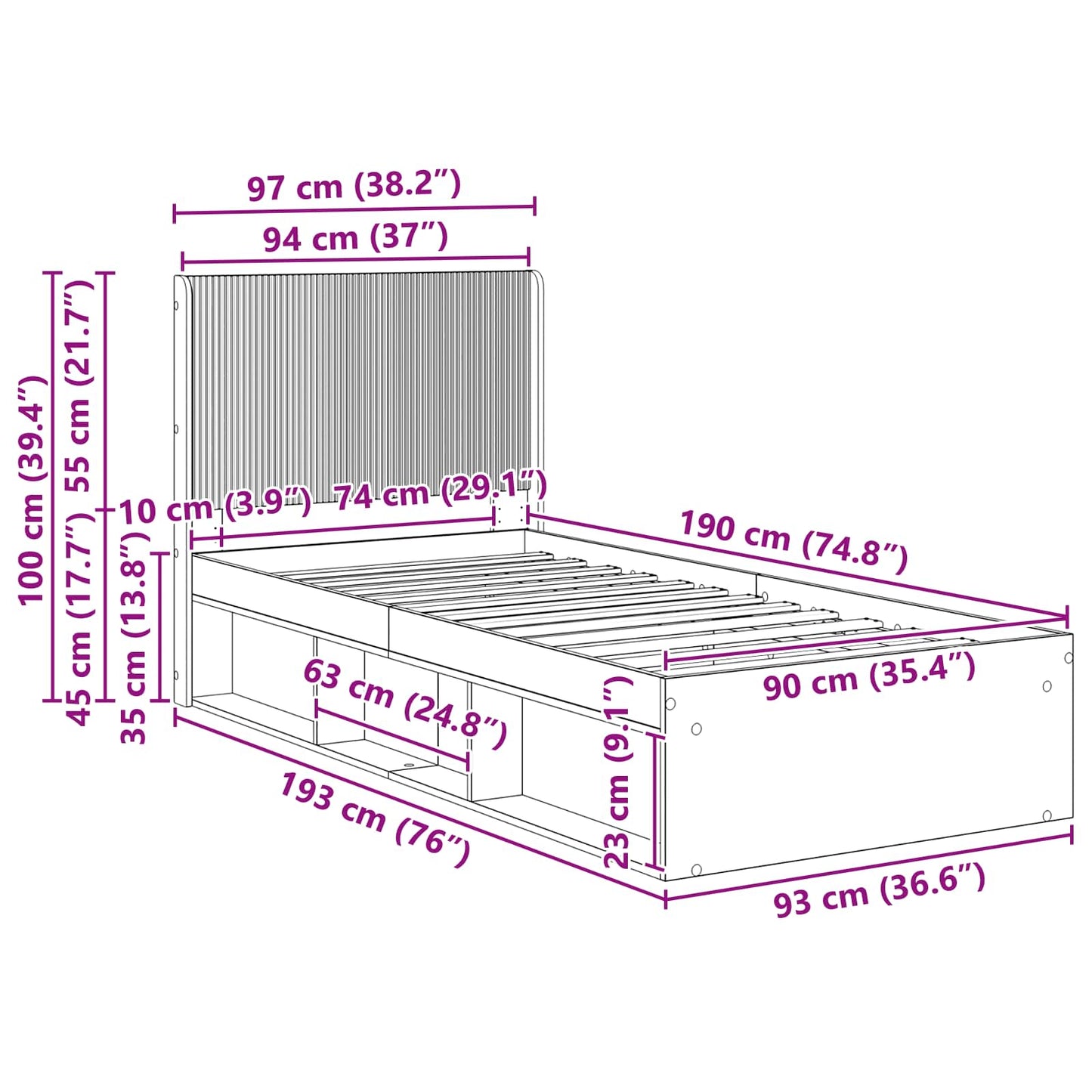 vidaXL Bed Frame with Storage and Headboard Old Wood 90 x 190 cm