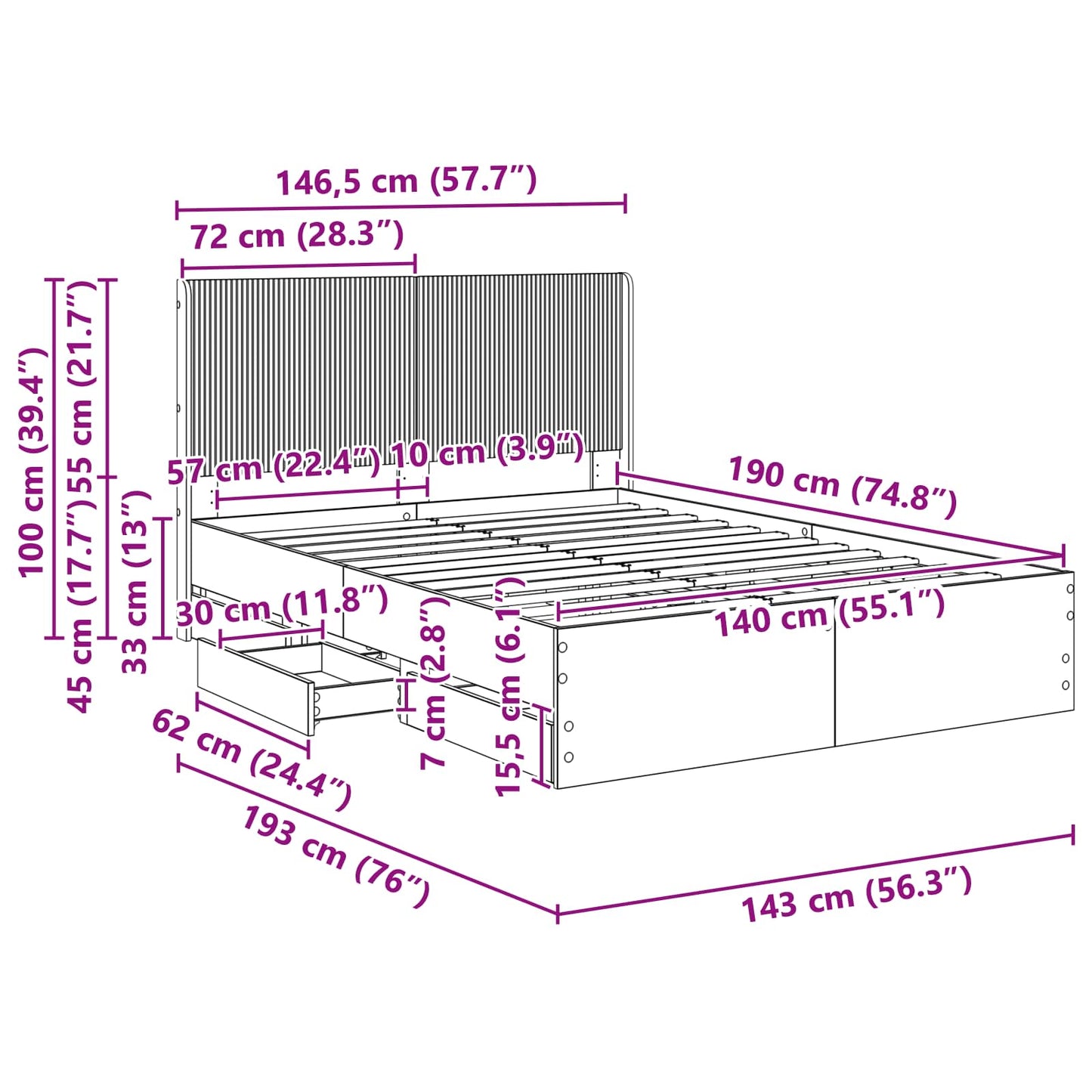 vidaXL Bed Frame with Storage and Headboard Black 140 x 190 cm