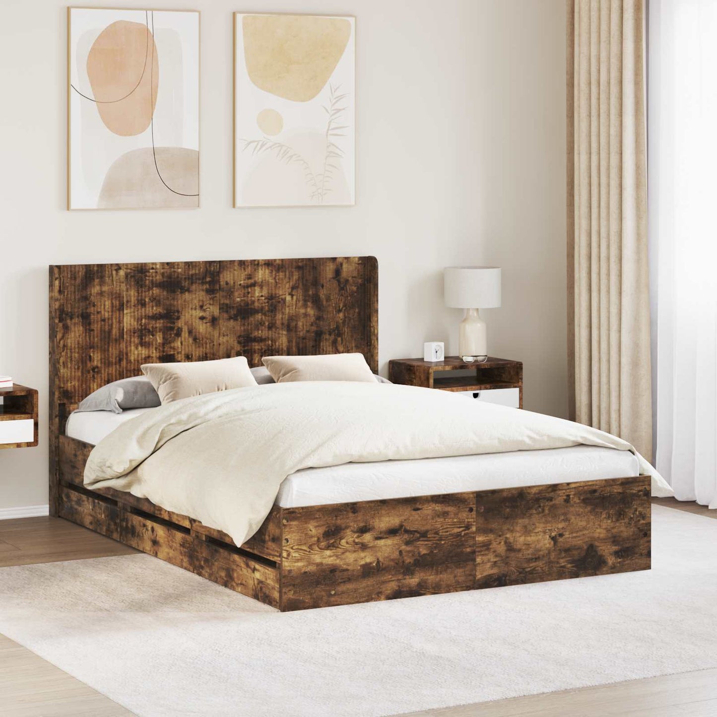 vidaXL Bed Frame with Storage and Headboard Smoked Oak 135 x 190 cm