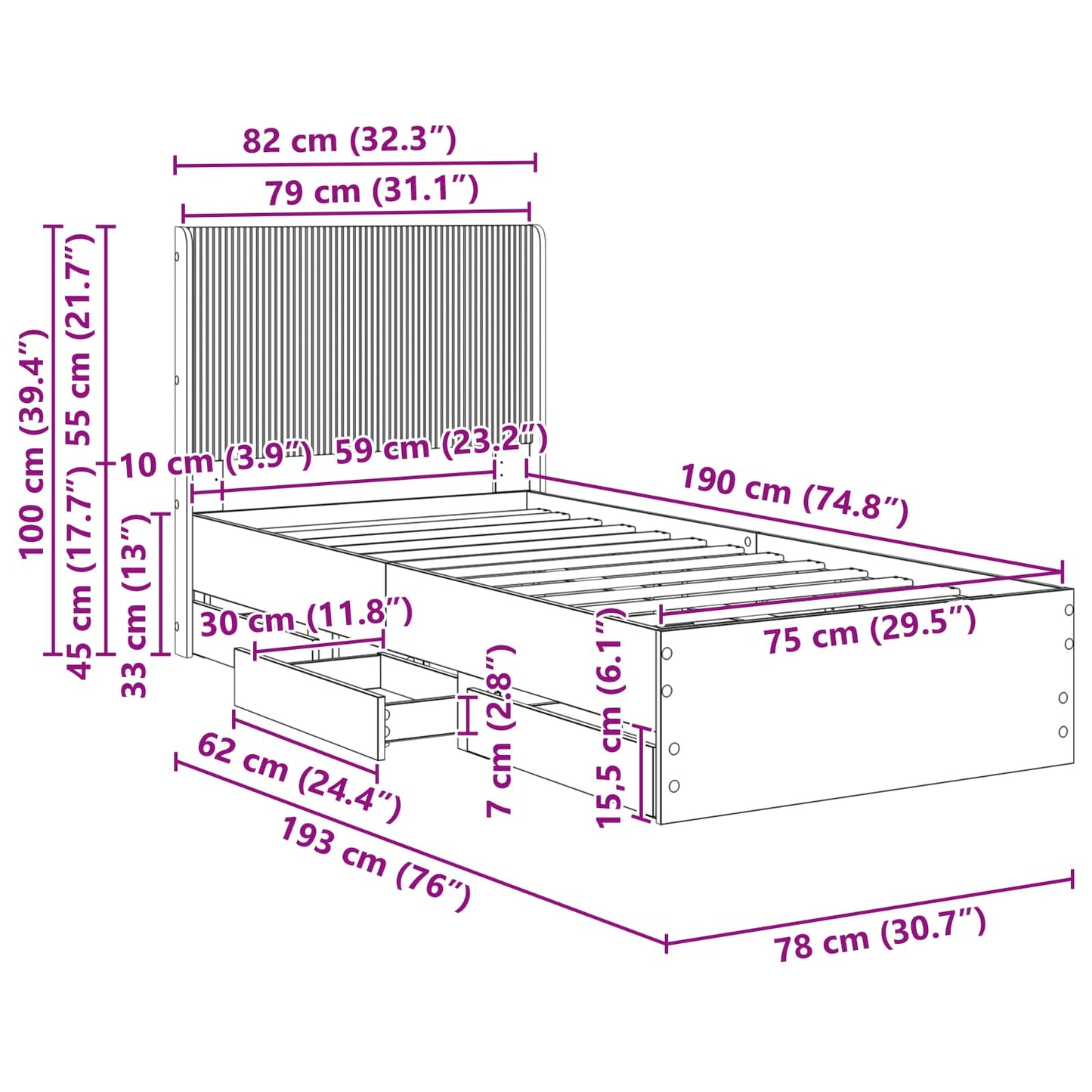 vidaXL Bed Frame with Storage and Headboard Sonoma Oak 75 x 190 cm
