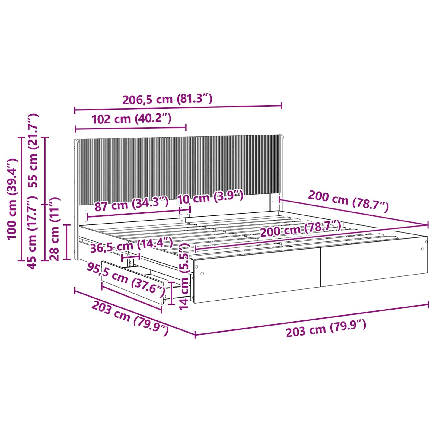 vidaXL Bed Frame with Storage and Headboard Black 200 x 200 cm