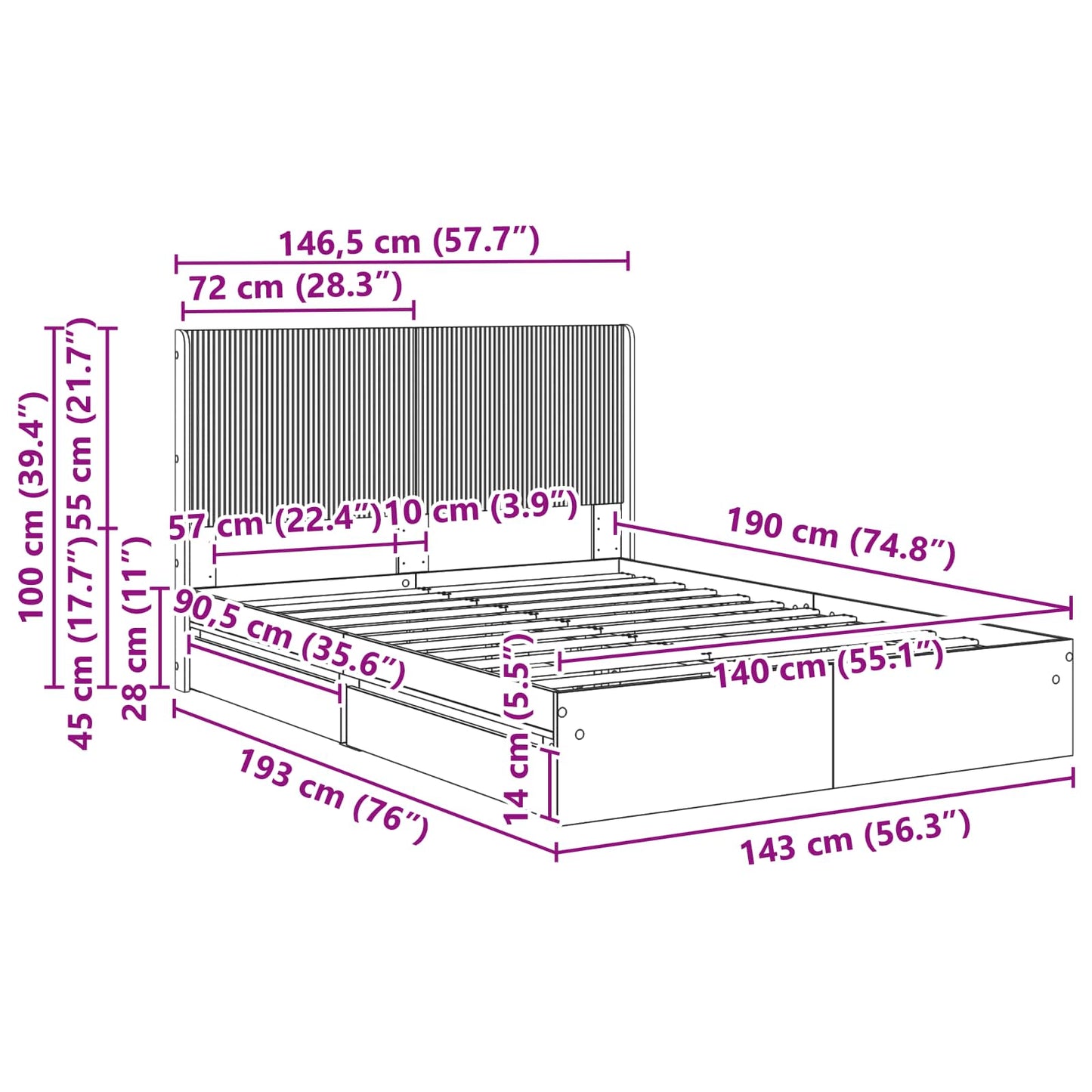 vidaXL Bed Frame with Storage and Headboard 2 pcs Engineered Wood