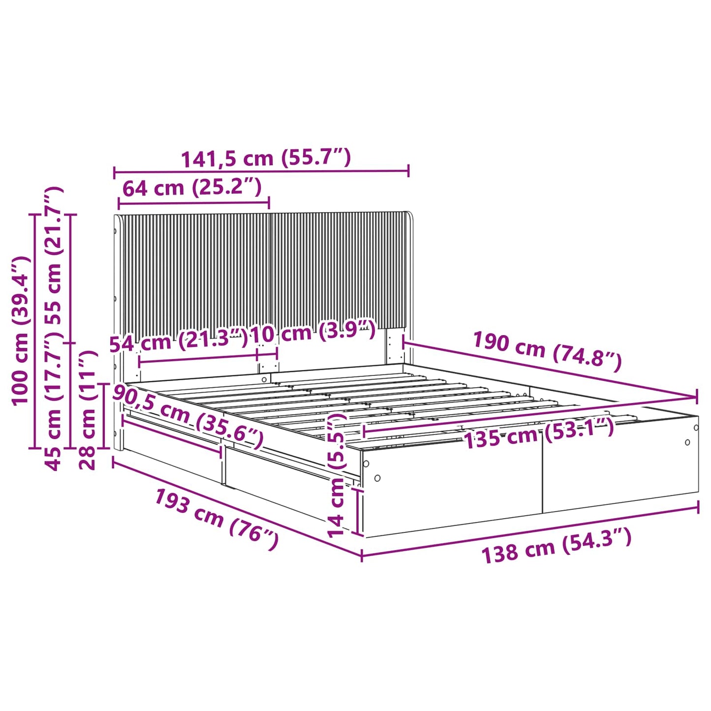 vidaXL Bed Frame with Storage and Headboard Sonoma Oak 135 x 190 cm