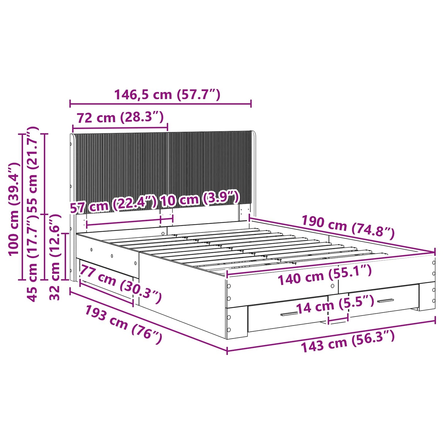 vidaXL Bed Frame with Storage and Headboard Concrete Grey 140 x 190 cm