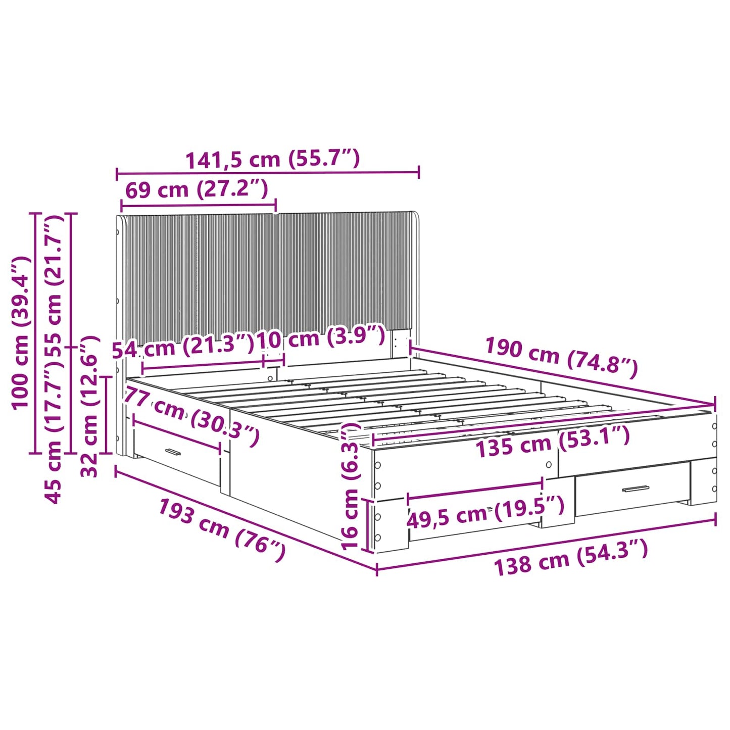 vidaXL Bed Frame with Storage and Headboard Black 135 x 190 cm