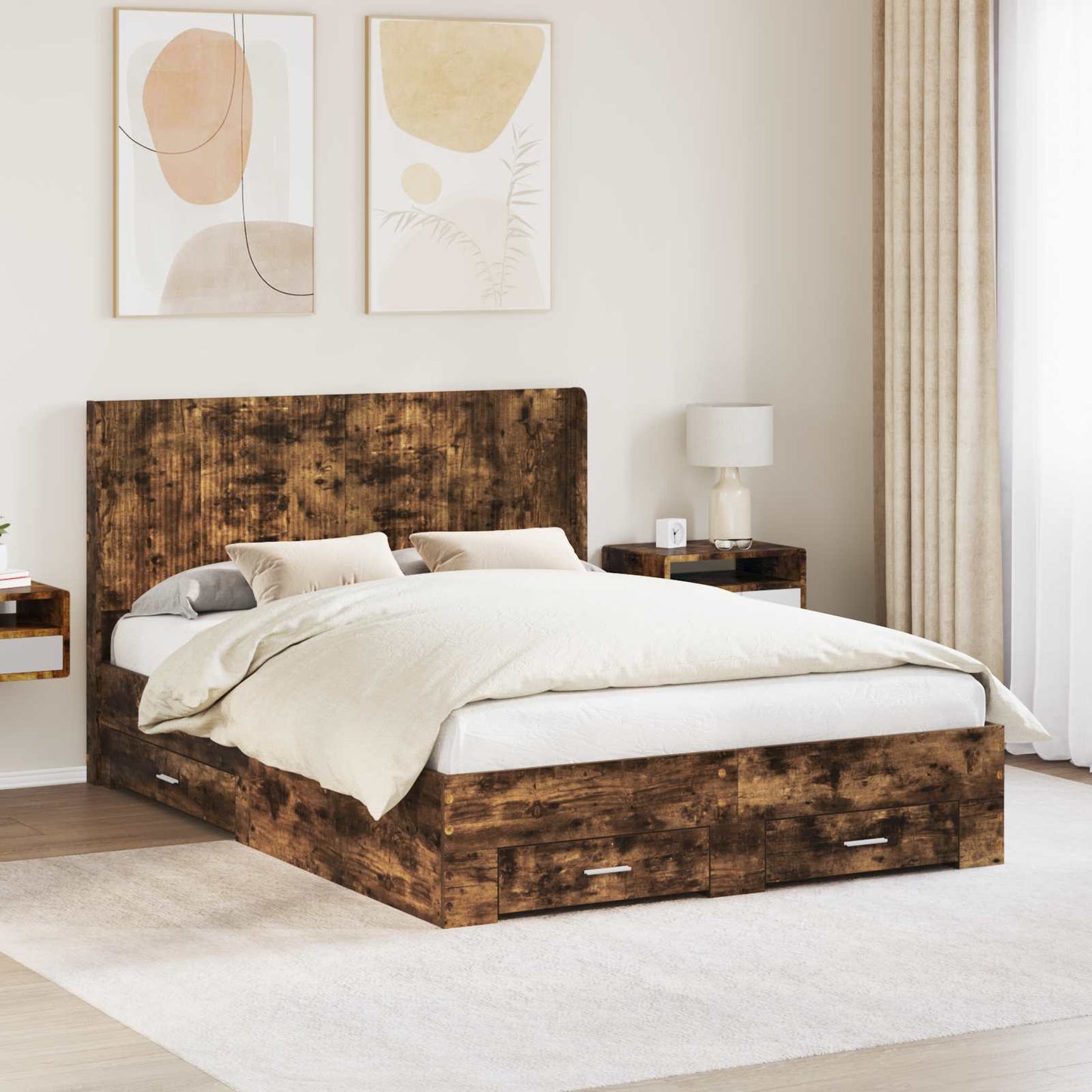 vidaXL Bed Frame with Storage and Headboard Smoked Oak Engineered Wood