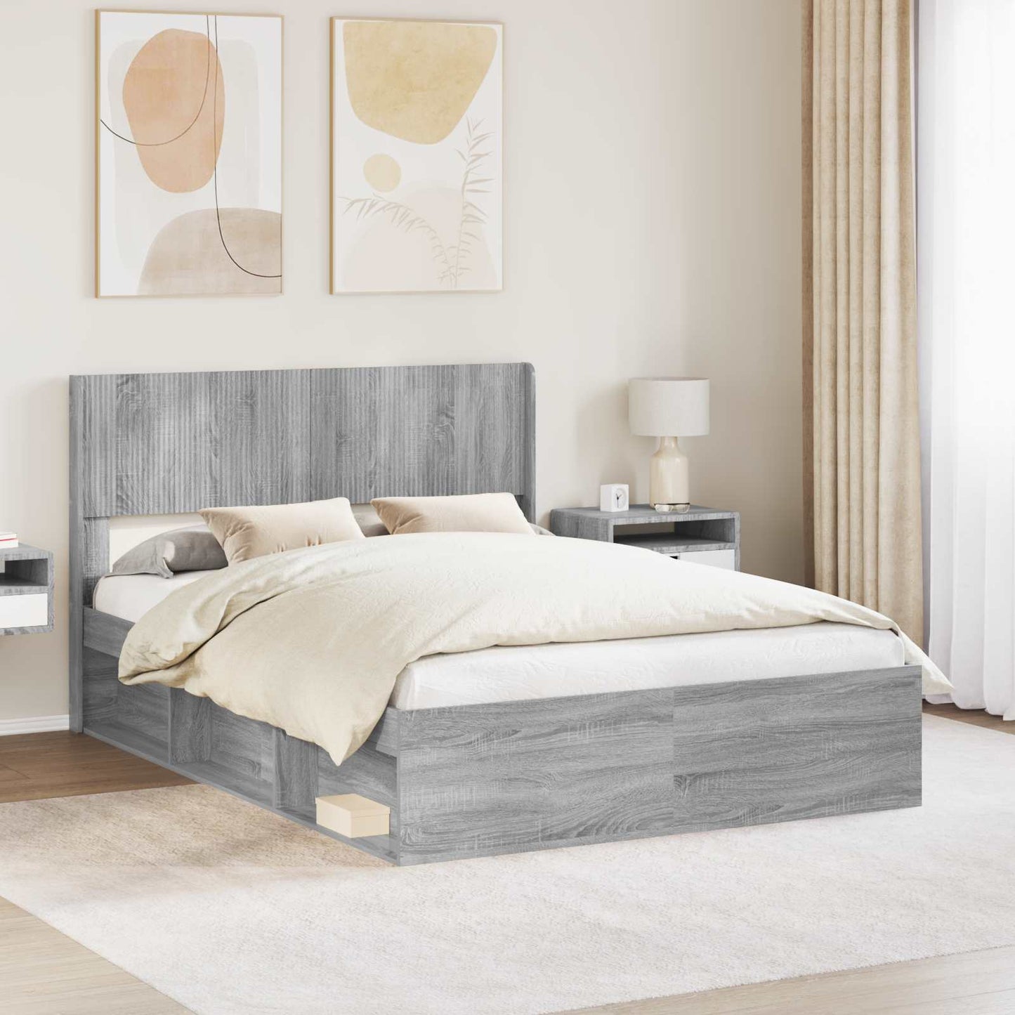 vidaXL Bed Frame with Storage and Headboard Grey Sonoma 160 x 200 cm