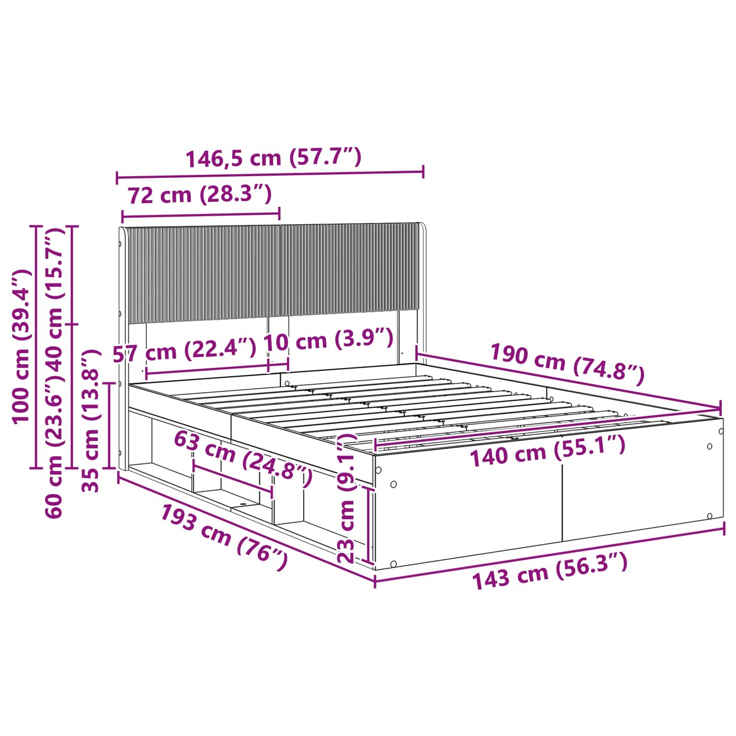 vidaXL Bed Frame with Storage and Headboard Artisan Oak 140 x 190 cm