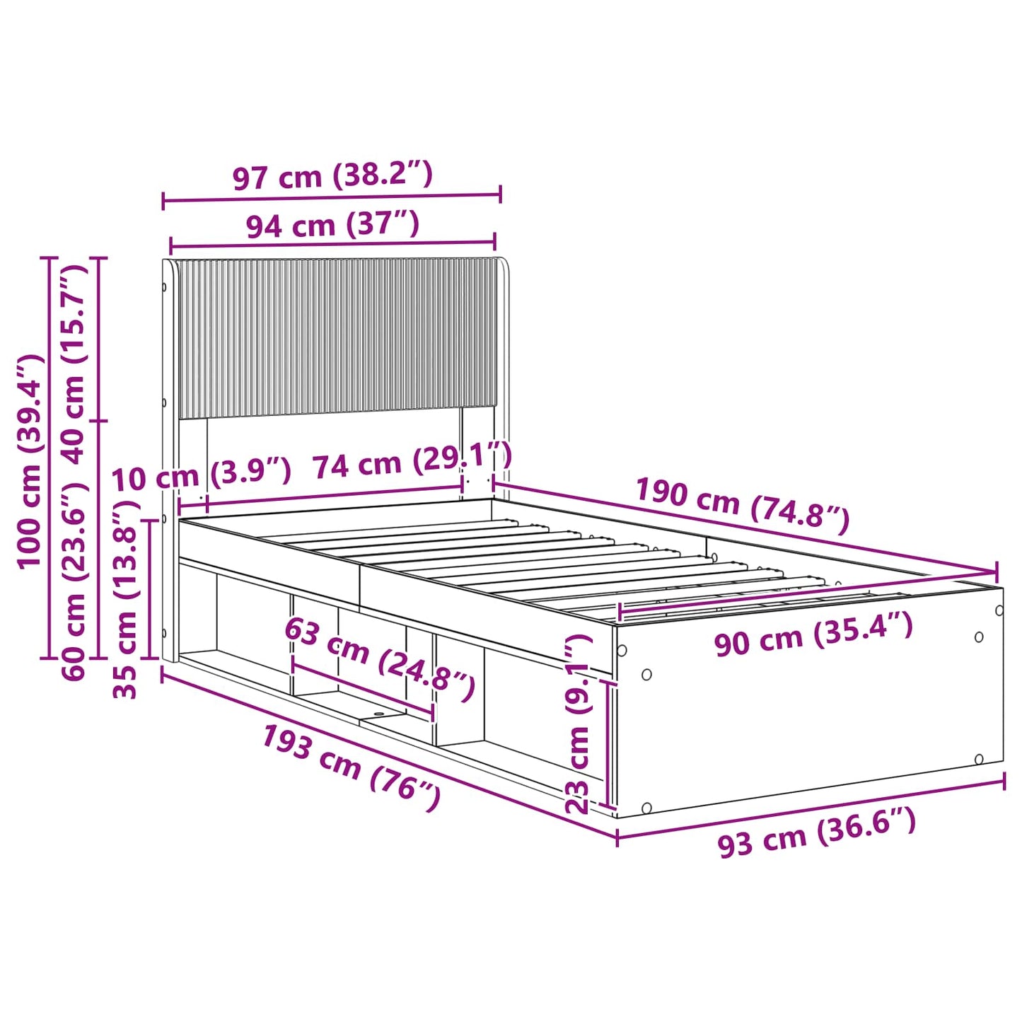 vidaXL Bed Frame with Storage and Headboard Black 90 x 190 cm
