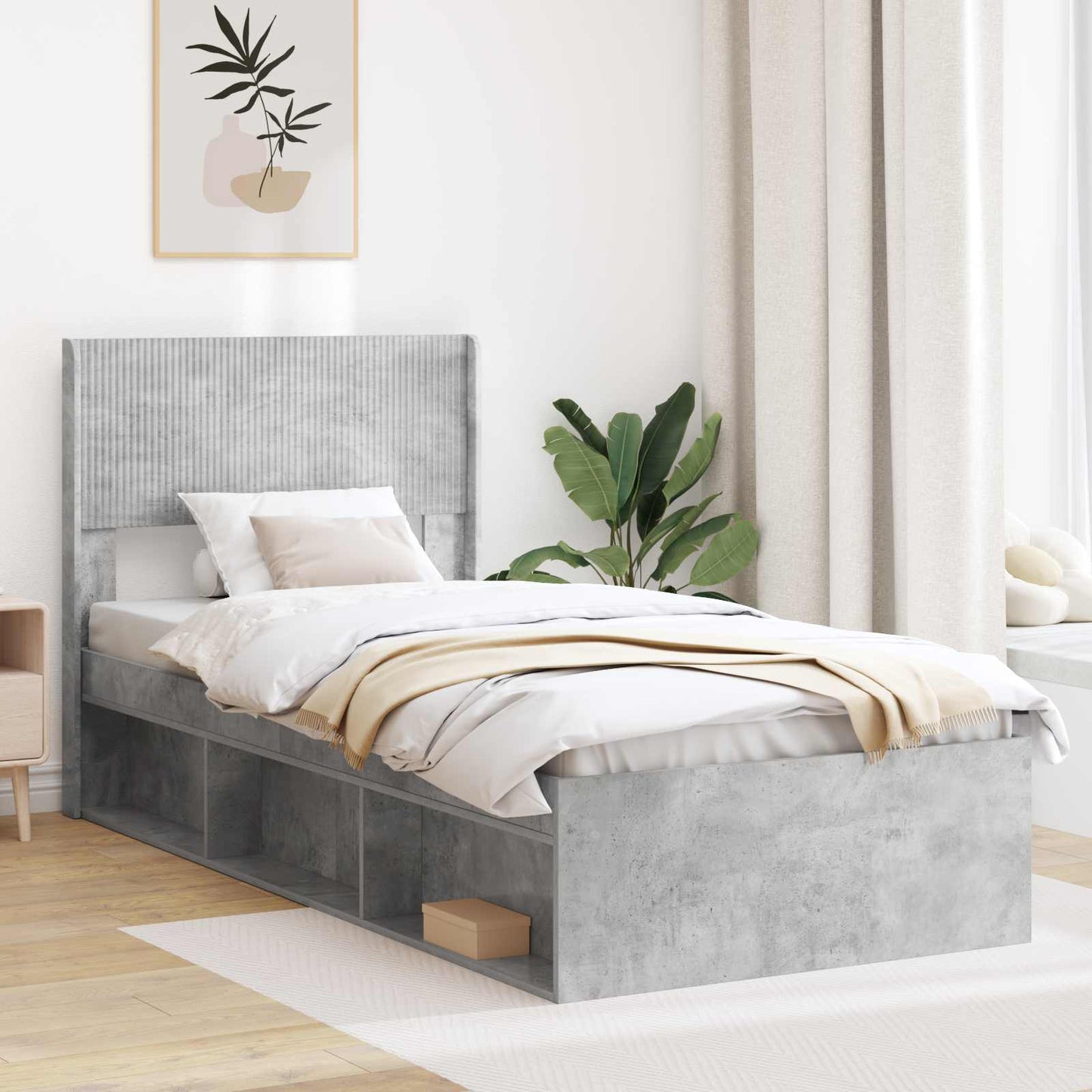 vidaXL Bed Frame with Storage and Headboard Concrete Grey 75 x 190 cm