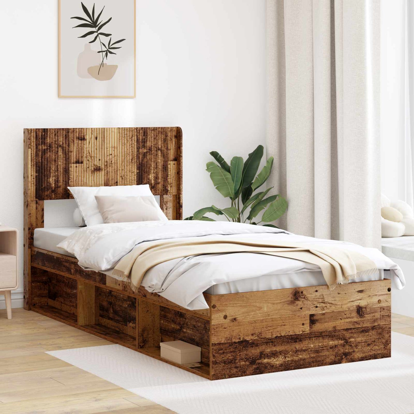 vidaXL Bed Frame with Storage and Headboard Old Wood 75 x 190 cm